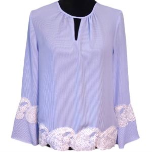 Tommy Hilfiger blue pinstripe lace accent blouse